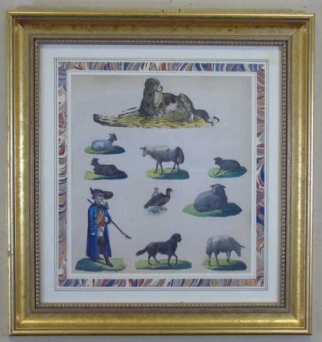Antique Dog / Animal Print 1875 London: Original antique dog animal print, 1875, London. Shepherd with animals. Process H.C. Stone lithograph. Gilt frame with bead detail. 18" W x 19" H.