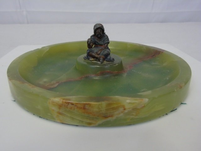 Vintage Onyx w/ Arab Figure Ashtray: Vintage onyx with seated Arab figure ashtray. 7 1/2" diameter x 2 1/2" H.