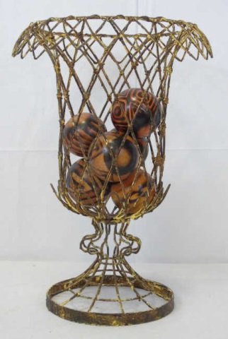 Decorative Vintage Wire Basket with Wood Balls: Decorative vintage wire basket with African wood balls. Basket has weathered gold finish. 12 inches diameter x 18 inches high.