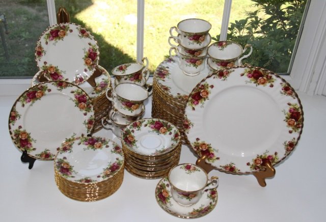 Service for 12 English Royal Albert China Roses: Dinnerware Royal Albert bone china. Service for 12. Pattern: Old Country Roses. From the Greenwich, Connecticut home of interior decorator Catherine Cleare.