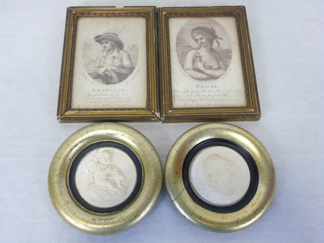 Lot of 4 19th Cent. Framed Decorative Items: Lot of 4 19th Century decorative items. Two portraits with poetry. Original frames. Two plaster medallion plaques. Roamn figures. 5 1/4" W x 7 1/4" H, 5 1/2" diameter.