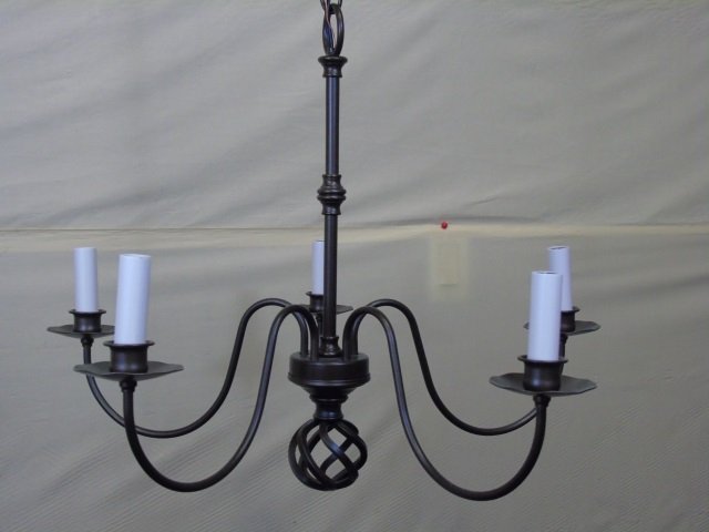 Iron Chandelier Light Fixture: Iron chandelier, 5 lights. Bird's nest finial detail. 22" diameter x 19" high without chain.