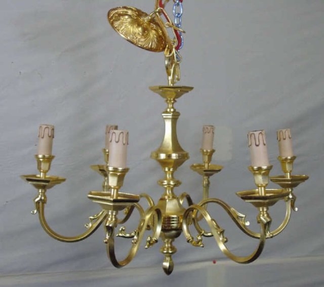Bronze Gilt Dore 6 Arm Chandelier: Elegant gilt bronze d'ore style chandelier with cast ceiling plate. Six lights. 25" diameter x 33" H.