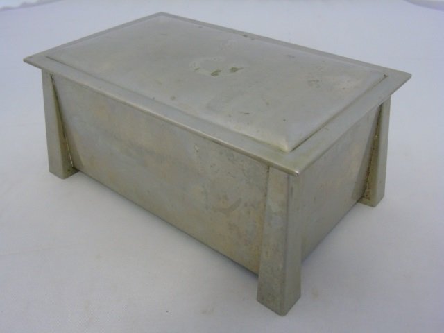 Antique Arts and Crafts Nickel Silver Box: Antique Arts and Crafts Nickel Silver Box marked oin bottom, L & M.T. Co. and Fatima. Velvet lined interior. 2.5" x 6.5" x 4"