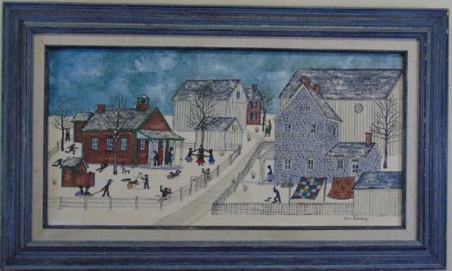 Delores Hackenberger Amish Folk Art Painting: Delores Hackenberger Amish folk art painting on canvas. Signed by the artist bottom right corner.