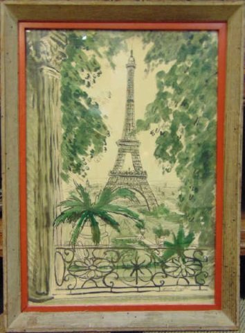 Rowe Langston - Framed Watercolor of Paris: Rowe Langston - Framed Watercolor of Paris. View of the Eiffel Tower from balcony. Signed. Measures 25 by 18 inches.