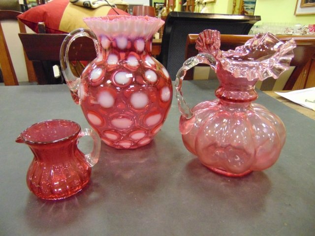 Three Antique Victorian Cranberry Glass Pitchers (1 of 4)