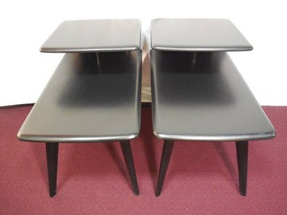 Heywood & Wakefield Two Tier Black End Tables: Pair of Heywood & Wakefield mid century black two tier end tables. 17 3/8" W x 29 3/4" D x 22 5/8" H. Excellent vintage condition.