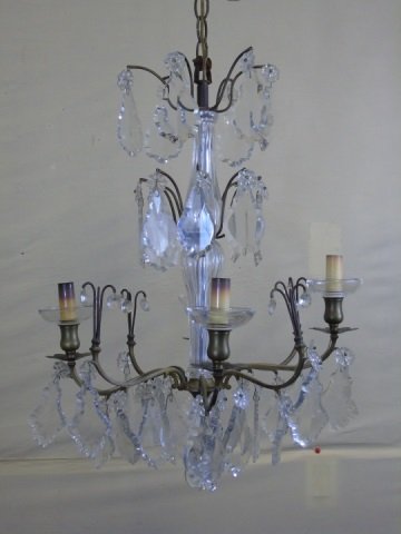 French Gilt Brass with Crystals Chandelier: Vintage brass and crystal chandelier. Four lights. 15" diameter x 24" H.