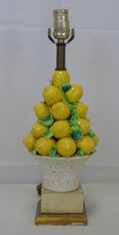 Ceramic Lamp with Basket of Lemons: Ceramic lamp with basket of lemons. Wood base. 6" x 6" x 17" H.