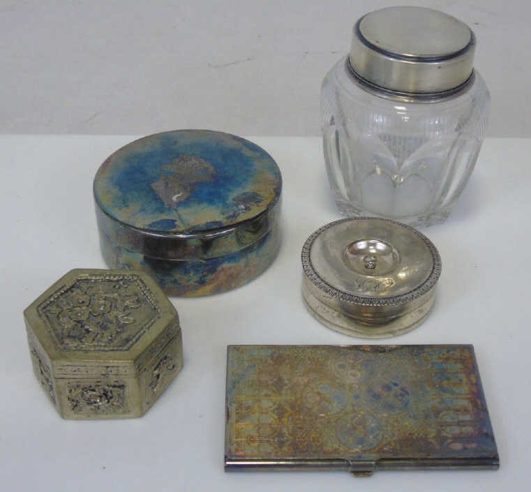Assorted Sterling & Silver Dresser Boxes: Collection Vintage Antique Watches Pocket Watches. Sterling, silver and silver plate. Dresser boxes, compact, jar, etc. Tallest measures 3.5 inches.