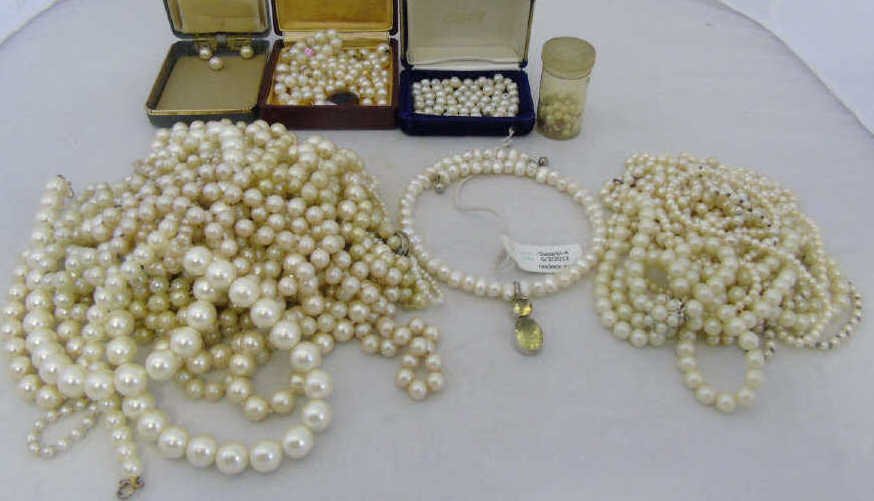 Antique & Vintage Natural & Cultured Pearls: Antique & Vintage Natural, Cultured & Synthetic Pearls Various ages, sizes, round and baroque. Some jewelry items ready for use others to be repurposed.
