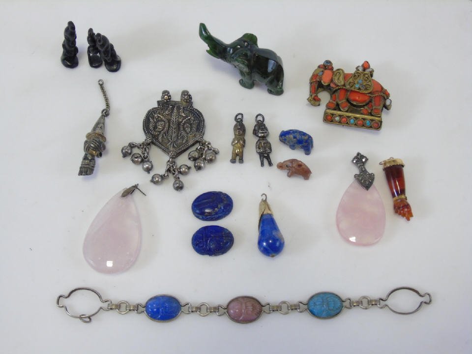 Vintage Continental & African Jewelry Pieces: Vintage Continental & African Jewelry Pieces. Including rose quartz, marcasite, lapis, silver, ebony, etc. Scarab bracelet measures 7.5 inches in length.
