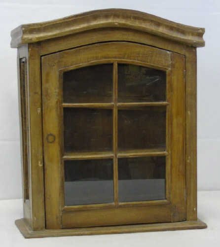 Vintage Wood Wall Shelf Curio Cabinet: Vintage wood wall cabinet with shelves. Glass door front. 19" W x 6 1/2" D x 21 1/2" H.