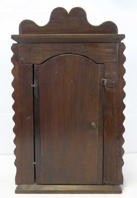 Antique Prayer Wall Cabinet: Antique religious prayer wall cabinet. Interior has two small shelves for candles. Center space for religious icon. 12 3/4" W x 7 1/4" D x 22" H.