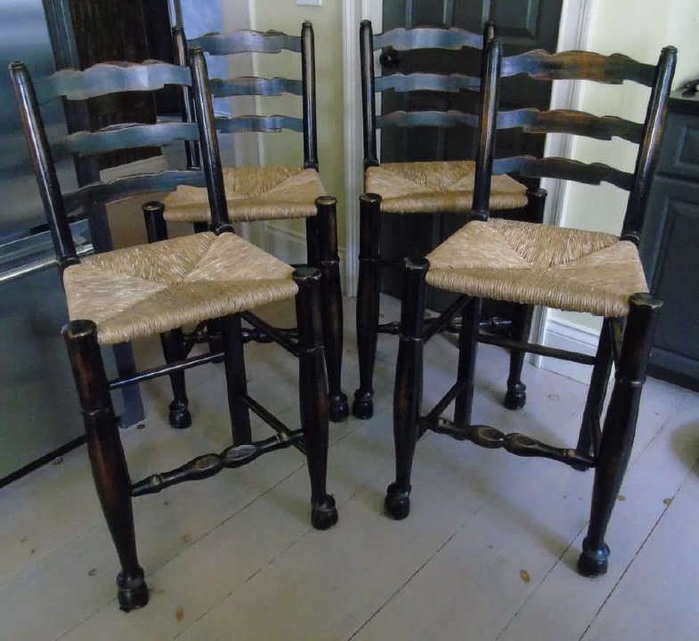 Four Contemporary Custom Made Bar Stools: Four Contemporary Custom Made Bar Stools. Rush seats. Hand painted and finished. Each measures 42 inches in height, 21inches in width, 20 inches in depth.