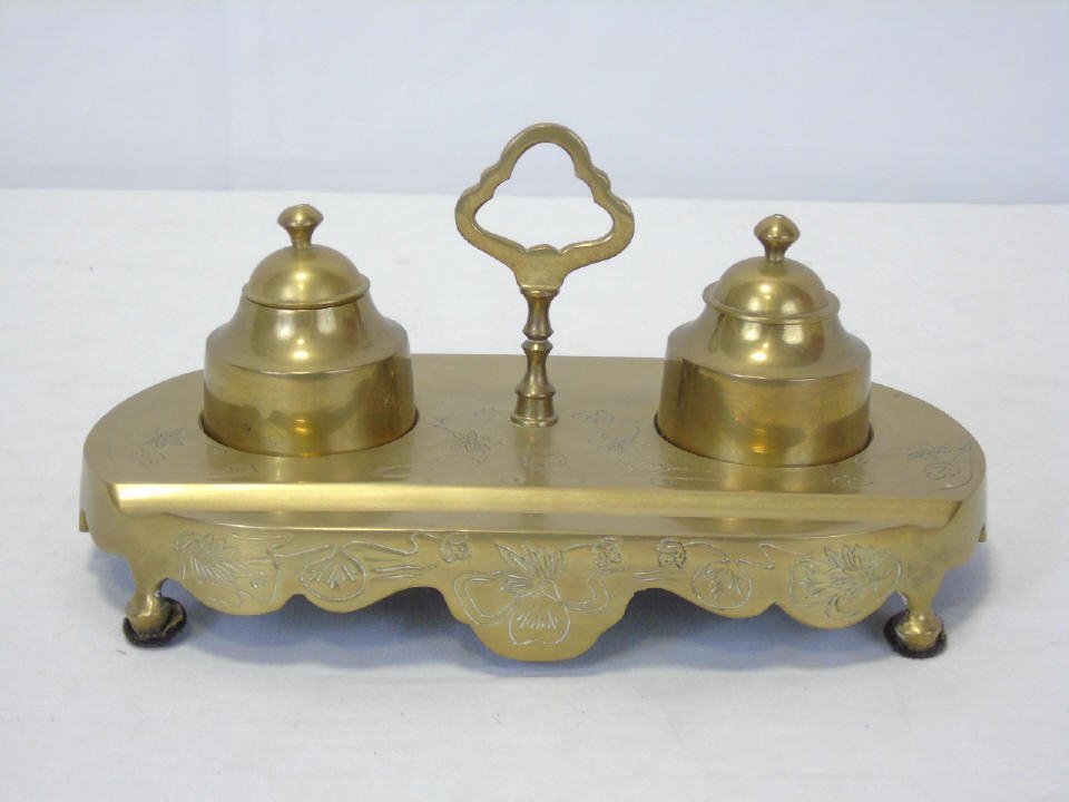 Vintage Tooled Brass Double Ink Well (1 of 4)