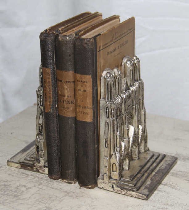 Pair Notre Dame Book Ends w/ Antique French Books (1 of 2)
