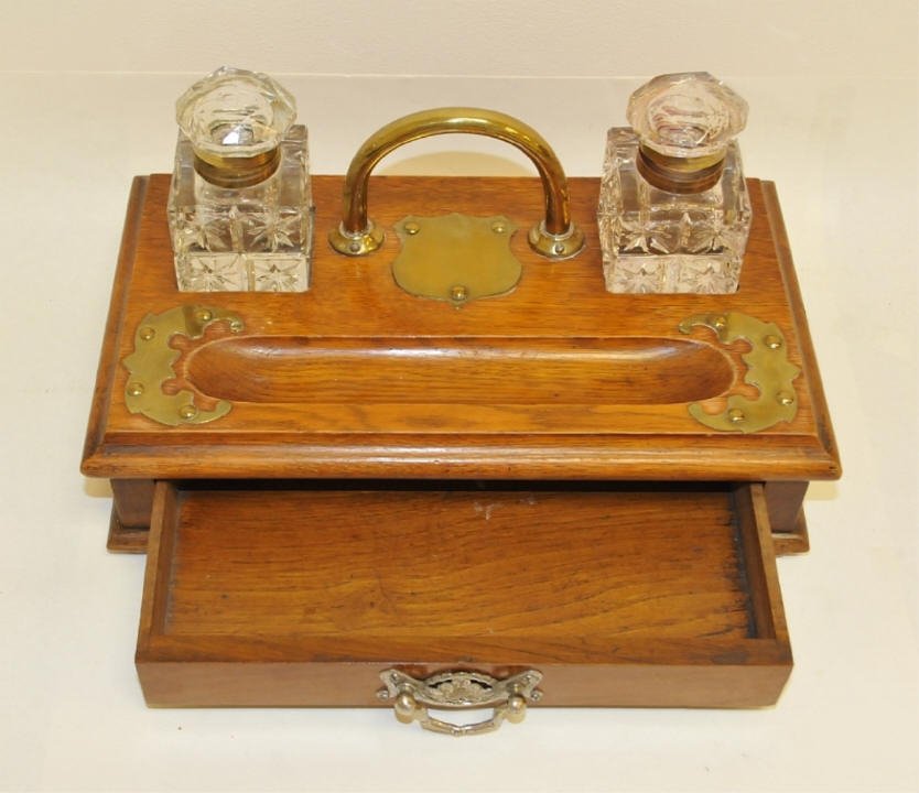 Antique Oak Inkstand w/ Crystal Inkwells (1 of 4)