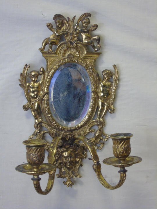 Antique Brass Double Armed Sconce w/ Mirror (1 of 5)