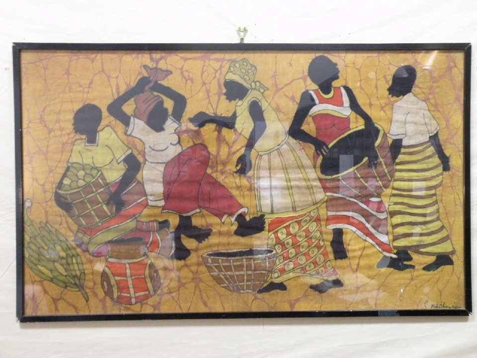 African Cotton Batik of Daily Life Signed (1 of 3)
