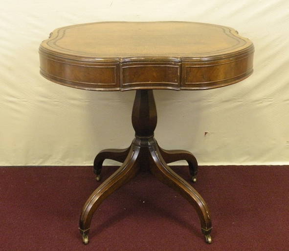 Antique Pedestal Clover Leather Top Card Table