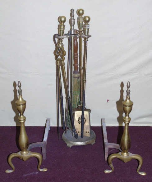 Antique Brass Andirons & Tool Set (1 of 5)