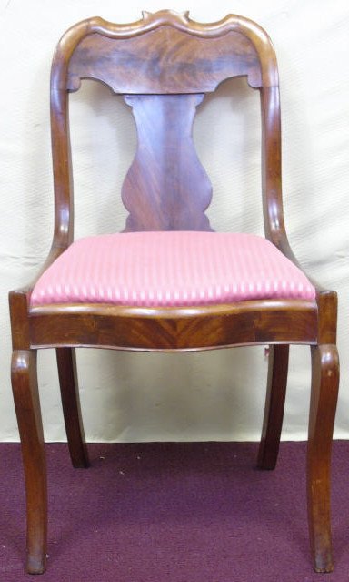 American Empire Occasional Chair: American Empire occasional hall chair with rose damask striped upholstered slip seat. Cabriole leg. 18" W x 16"D x 31" H.