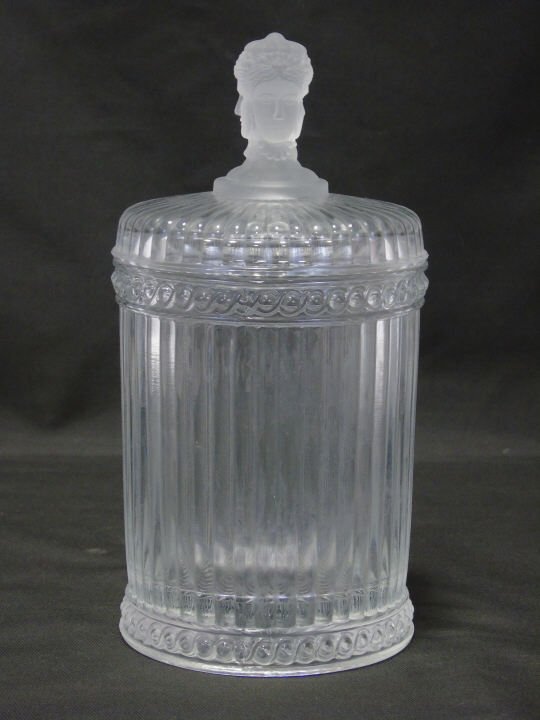 Lalique Style MMA Art Glass Covered Jar: Lalique Style MMA Art Glass Covered Jar. Metropolitan Museum of At made after John Ernest Miller. Measures 9.5 inches in height.