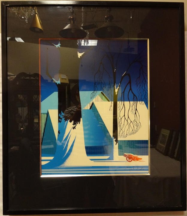 Eyvind Earle Seriograph "Turquoise", 5/100: An Eyvind Earle seriograph "Turquoise", 5/100. 20" H x 16" W. Excellent condition with museum conservation framing.