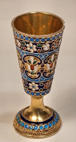 Russian Gilt Silver & Cloisonne Enamel Vodka Cup: Imperial Russian gilt silver and cloisonne enamel vodka cup. Gilded inside and outside with bright colors floral enamel decoration. Hallmarked at the base and top rim. Size 2 3/4" ( 7 cm ) height