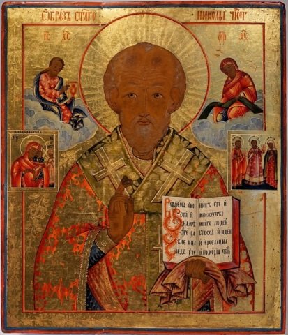 Antique Russian Icon of St Nicholas Wonderworker: Large 19th Century Antique Fine Russian icon of St.Nicholas Wonderworker. The Icon all gilded and hand chased . Size 17 1/2" x 15" ( 44,5 x 38 cm )