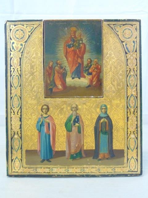 Large Russian Joy to all who Sorrow Icon: Large Russian Joy to all who Sorrow Icon. Extensive gilt decoration. Small icon set into larger. Saints with Cyrillic inscriptions next to them. Hand painted on wood board. Measures 14by 12 inches.