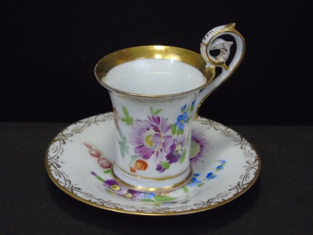 Antique Russian Hand Painted Porcelain Cup Saucer: Antique Russian Hand Painted Porcelain Cup Saucer. Marked bottoms. Plate measures 3 inches.