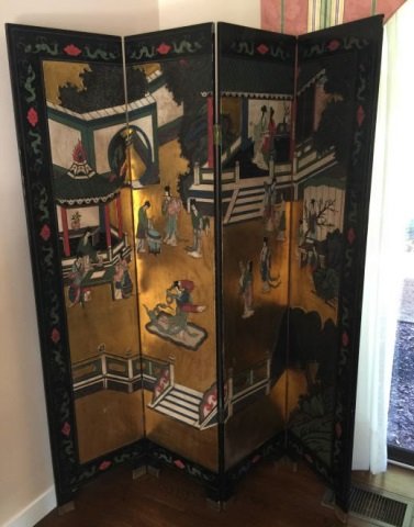 Chinese Carved Wood Gilt & Ebony Coromandel Screen: Chinese Carved Wood Gilt & Ebony Coromandel Screen. Gilt decorated with carved Chinese court scenes against an ebony tone lacquer background. Measures 72 inches in height, each panel is 16 inches wide