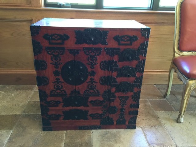 Antique Korean Wood & Metal Cabinet / Chest: Antique Korean Wood & Metal Cabinet / Chest. Measures 31 x 33 x 15 inches.
