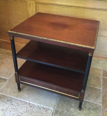 Maison Jansen Style Contemporary End Table: Maison Jansen Style Contemporary End Table. Having gilt wood carved detailing, two shelves and drawer. Measures 26 x 26 x 22 inches.