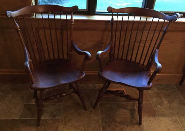 Pair Frederick Duckloe Bros Windsor Armchairs: Pair Frederick Duckloe Bros Windsor Armchairs. Marked on bottom. Each measures 38 x 24 x 25 inches.