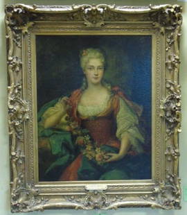 Nicolas de Largillire - Portrait of a Noblewoman: Nicolas de Largillire - Portrait of a Noblewoman. Oil painting housed in gilt frame with attribution plaque at center. This painting was purchased from the Akron Museum of Art. The sitter has been ide