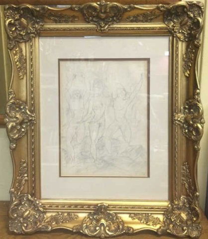 Reginald Marsh - Signed Nude Pencil Drawing: Reginald Marsh - Signed Nude Pencil Drawing. Signed. Pencil drawn scene of nudes. Titled on back, "The Hungry Years" from the collection of Israel Irving. Professionally custom framed in gold leaf fra