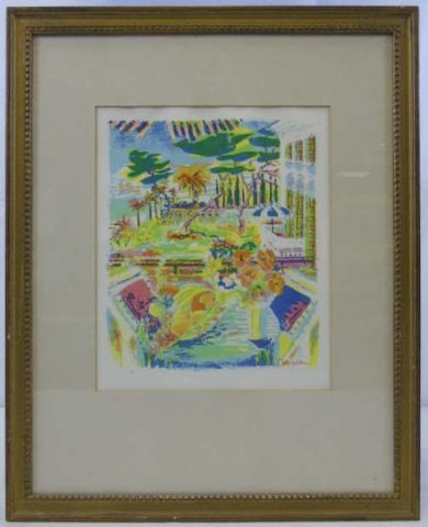 Impressionist Lithograph of a Summer Hotel Scene: Impressionist style lithograph of a summer hotel scene. Signed illegibly bottom right corner. Bright colors. 16 1/2" W x 20 1/2" H.