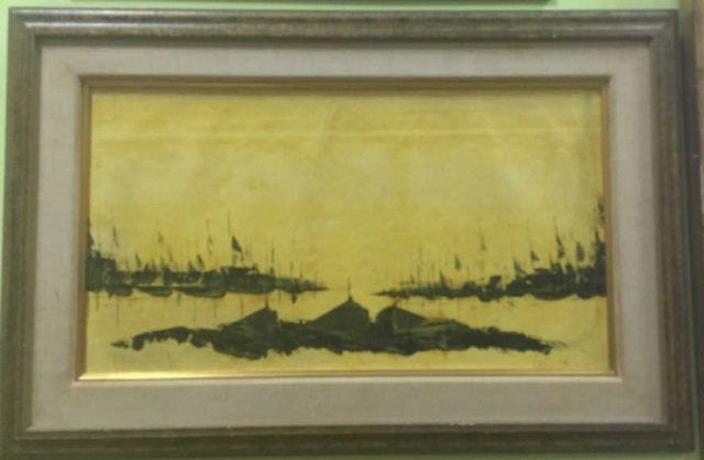 Signed Mid Century Modern Sail Boat Harbor Scene: Signed Mid Century Modern Sail Boat Harbor Scene. Measures 26 by 17.5 inches framed. Signed illegibly.