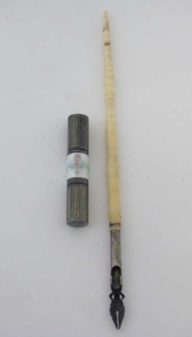 Antique Bone Fountain Pen & Sterling Nib Case: Antique Bone Fountain Pen & Sterling Nib Case. Sterling silver and guilloche enamel nib case with assorted nibs along with a carved bone fountain pen. Measures 7.5 inches in length.