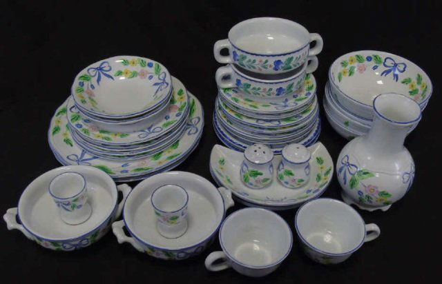 Herend of Hungary - Pottery Partial Dinner Service: Herend of Hungary - Pottery Partial Dinner Service. Two large serving plates, two bone / waste plates, vase, salt / pepper, two egg cups, four soup bowls, two cups with saucers, four additional plates