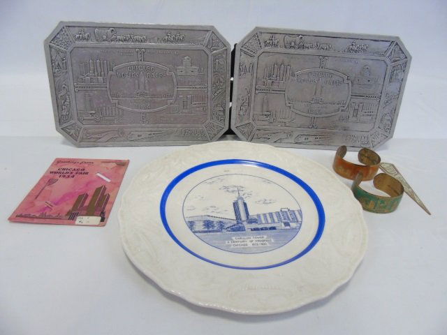 Lot (6) 1934 Chicago World's Fair Plate Bookmark: Lot of (6) 1934 Chicago Worlds Fair collectible including a plate, 10 1/2" diameter, a bookmark and two bracelets, 1" W. Also two trivets, 10" W x 6 1/2" H.According to wikipedia, "The 1939–40 New Y
