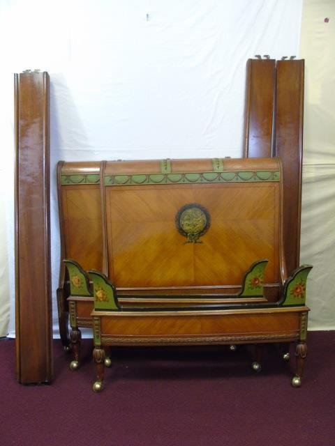 Antique Art Deco Painted Burl Wood Bed Frames: Antique Art Deco Painted Burl Wood Bed Frames. Pair of twin size bed frames. Each measures 45 x 40 x 78 inches.