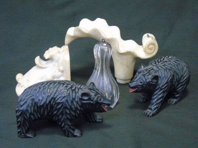 Lot of Decorative Objects Carved Bears: Lot of 5 decorative objects. Including two carved Adirondack bears and a Baccarat crystal finial. Carved marble bookend measures 3 1/4" W x 3 1/4" D x 4 1/4" H. Bears are 6" W x 3 1/2" H.