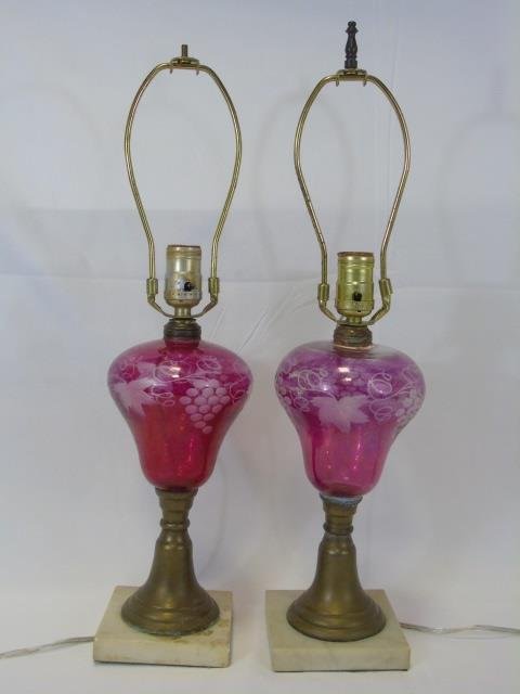 Pair Vintage Cranberry Glass Lamps w/ Marble Base (1 of 5)