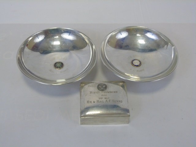 Lot of 3 Sterling Silver Golf Trophies: Lot of three sterling silver golf trophies. Bowls are 7" diameter x 2" H. Hinged box is 3 3/4" W x 3 1/4" D x 1 1/4" H. Bowls are weighted. Box is wood lined.