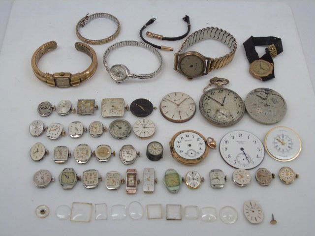 Collection Antique Vintage Watches & Watch Parts: Collection Antique Vintage Watches & Watch Parts. Including ladies and mens' wrist watches and watch faces. Marked for Bulova, Dior, Hamilton, Kismet, Waltham, etc. Various ages and conditions, pieces